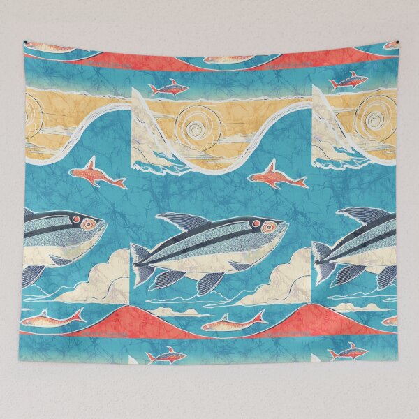 Item preview, Fish Batik Ocean Waves Sun and Surf Japanese style designed and sold by AuroraXGreen.