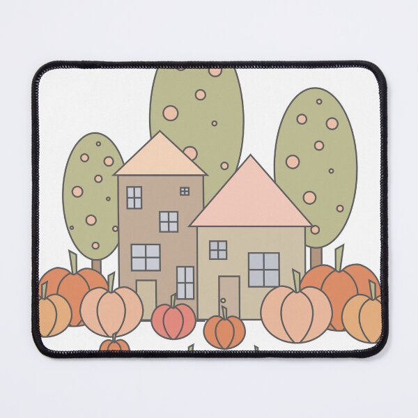 Item preview, Autumn composition - simple landscape, trees, houses and ripe pumpkins in different shades of orange.1 designed and sold by My-fake-places.