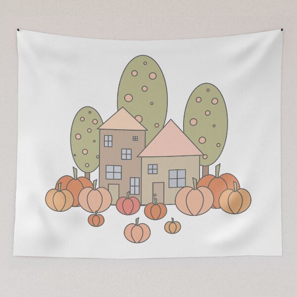 Item preview, Autumn composition - simple landscape, trees, houses and ripe pumpkins in different shades of orange.1 designed and sold by My-fake-places.