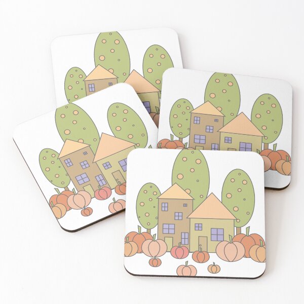 Item preview, Autumn composition - simple landscape, trees, houses and ripe pumpkins in different shades of orange.2 designed and sold by My-fake-places.