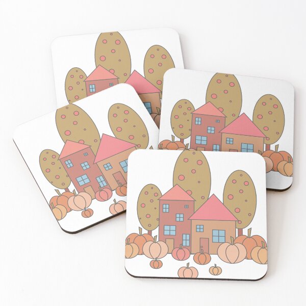 Item preview, Autumn composition - simple landscape, trees, houses and ripe pumpkins in different shades of orange.3 designed and sold by My-fake-places.