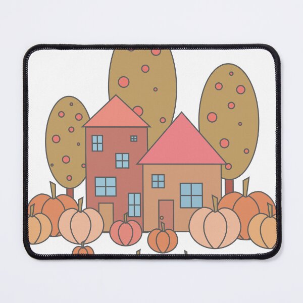 Item preview, Autumn composition - simple landscape, trees, houses and ripe pumpkins in different shades of orange.3 designed and sold by My-fake-places.