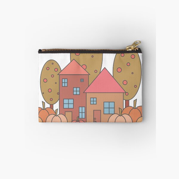 Item preview, Autumn composition - simple landscape, trees, houses and ripe pumpkins in different shades of orange.3 designed and sold by My-fake-places.