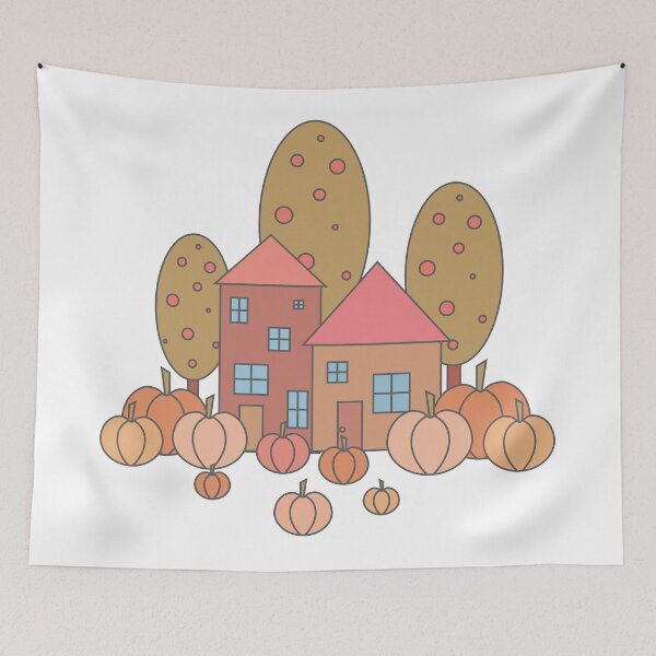 Item preview, Autumn composition - simple landscape, trees, houses and ripe pumpkins in different shades of orange.3 designed and sold by My-fake-places.