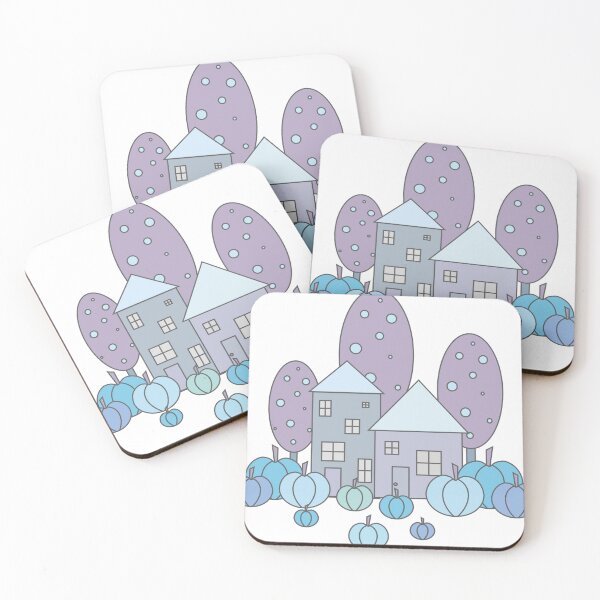 Item preview, Autumn composition - simple landscape, trees, houses and ripe pumpkins in different shades of blue.4 designed and sold by My-fake-places.