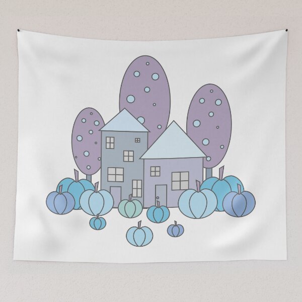 Item preview, Autumn composition - simple landscape, trees, houses and ripe pumpkins in different shades of blue.4 designed and sold by My-fake-places.