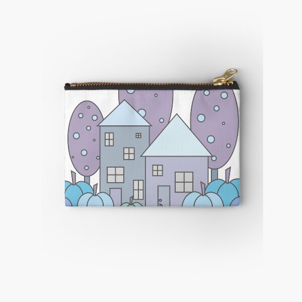 Item preview, Autumn composition - simple landscape, trees, houses and ripe pumpkins in different shades of blue.4 designed and sold by My-fake-places.