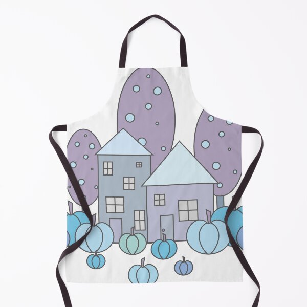 Item preview, Autumn composition - simple landscape, trees, houses and ripe pumpkins in different shades of blue.4 designed and sold by My-fake-places.