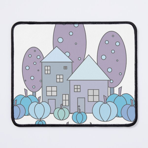 Item preview, Autumn composition - simple landscape, trees, houses and ripe pumpkins in different shades of blue.4 designed and sold by My-fake-places.