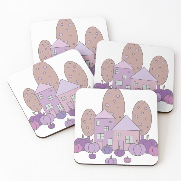 Item preview, Autumn composition - simple landscape, trees, houses and ripe pumpkins in different shades of purple.5 designed and sold by My-fake-places.
