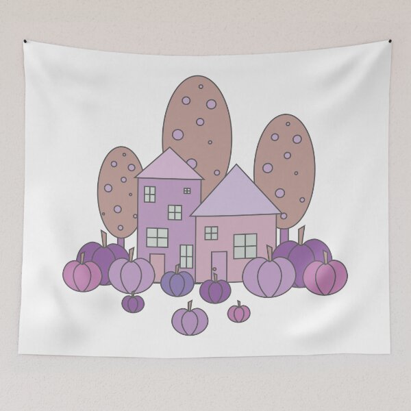 Item preview, Autumn composition - simple landscape, trees, houses and ripe pumpkins in different shades of purple.5 designed and sold by My-fake-places.