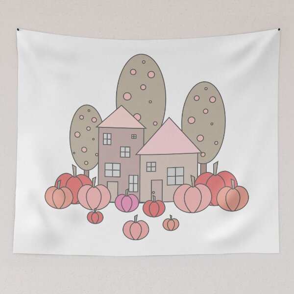 Item preview, Autumn composition - simple landscape, trees, houses and ripe pumpkins in different shades of orange.6 designed and sold by My-fake-places.