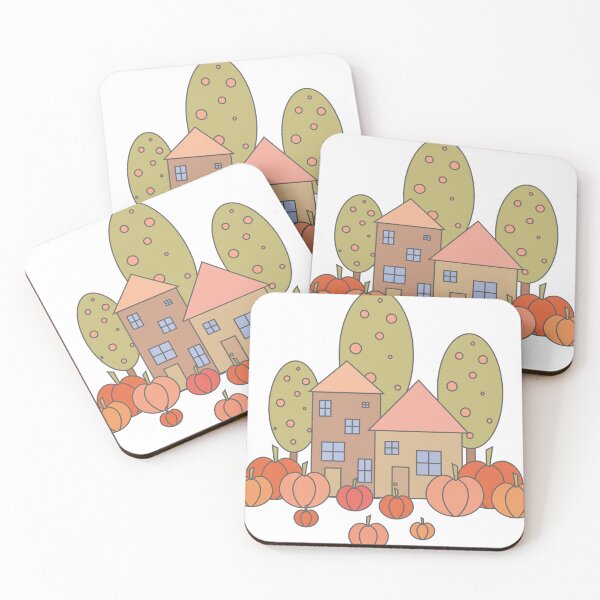 Item preview, Autumn composition - simple landscape, trees, houses and ripe pumpkins in different shades of orange.7 designed and sold by My-fake-places.