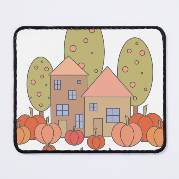Item preview, Autumn composition - simple landscape, trees, houses and ripe pumpkins in different shades of orange.7 designed and sold by My-fake-places.