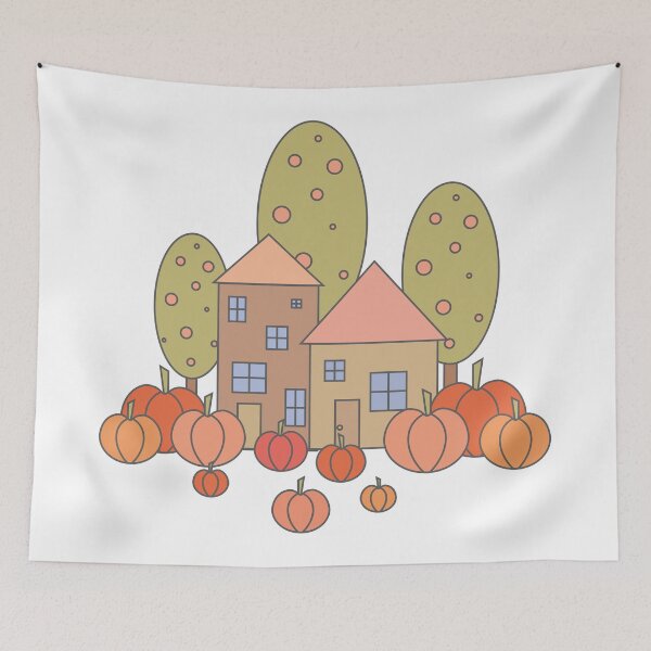 Item preview, Autumn composition - simple landscape, trees, houses and ripe pumpkins in different shades of orange.7 designed and sold by My-fake-places.
