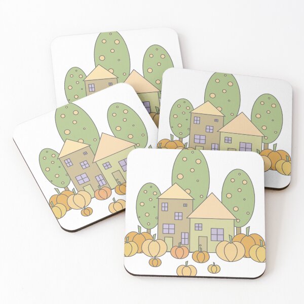 Item preview, Autumn composition - simple landscape, trees, houses and ripe pumpkins in different shades of orange.8 designed and sold by My-fake-places.