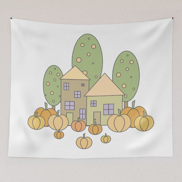 Item preview, Autumn composition - simple landscape, trees, houses and ripe pumpkins in different shades of orange.8 designed and sold by My-fake-places.