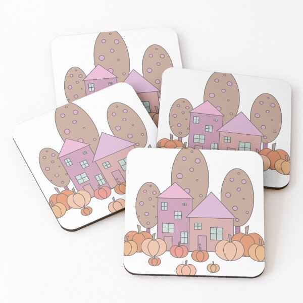Item preview, Autumn composition - simple landscape, trees, houses and ripe pumpkins in different shades of orange.9 designed and sold by My-fake-places.
