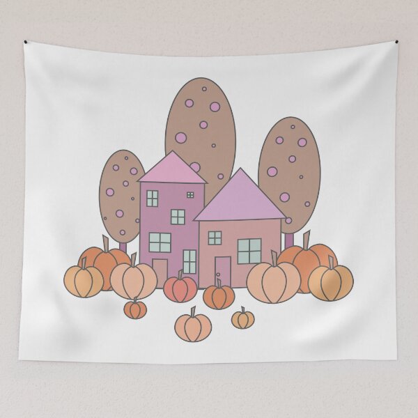 Item preview, Autumn composition - simple landscape, trees, houses and ripe pumpkins in different shades of orange.9 designed and sold by My-fake-places.
