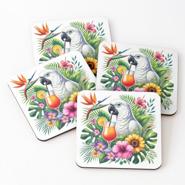 Item preview, Parrot Sipping a Drink Surrounded by Tropical Flowers designed and sold by Blink Art Studio.