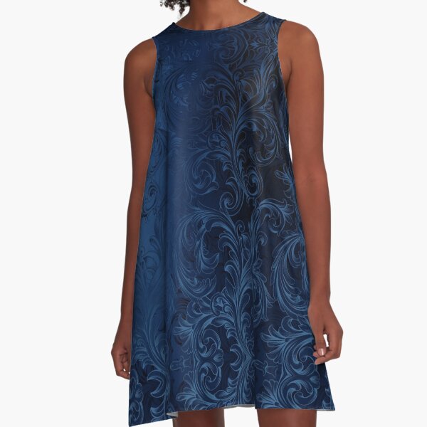 Faux Blue Velvet Swirls A-Line Dress
