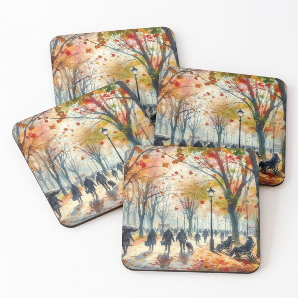 Item preview, A colorful autumn day in the park where people are walking and the leaves are swirling around and falling to the ground designed and sold by FotoworldEdel.