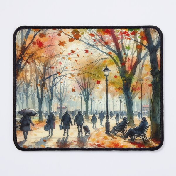 Item preview, A colorful autumn day in the park where people are walking and the leaves are swirling around and falling to the ground designed and sold by FotoworldEdel.