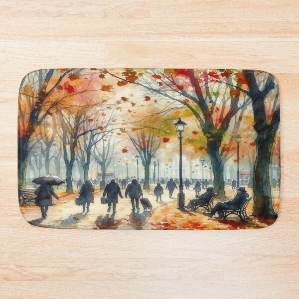 Item preview, A colorful autumn day in the park where people are walking and the leaves are swirling around and falling to the ground designed and sold by FotoworldEdel.