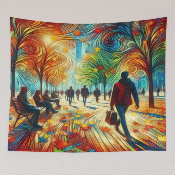 Item preview, A colorful autumn day in the park where people are walking and the leaves are swirling around and falling to the ground designed and sold by FotoworldEdel.