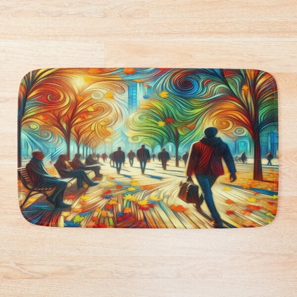 Item preview, A colorful autumn day in the park where people are walking and the leaves are swirling around and falling to the ground designed and sold by FotoworldEdel.