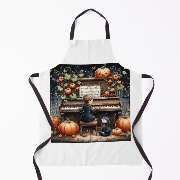 Item preview, Boy Playing Piano with Dog amidst Pumpkin Vines Under Moonlit Sky designed and sold by ElegantTeaTime.