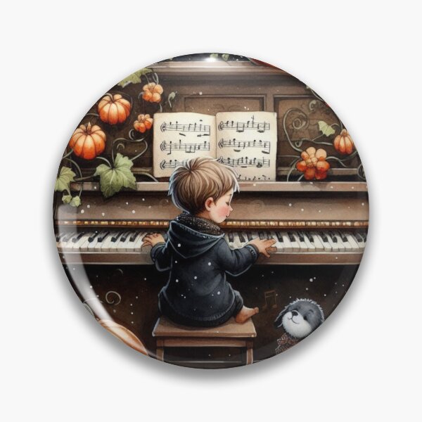 Item preview, Boy Playing Piano with Dog amidst Pumpkin Vines Under Moonlit Sky designed and sold by ElegantTeaTime.