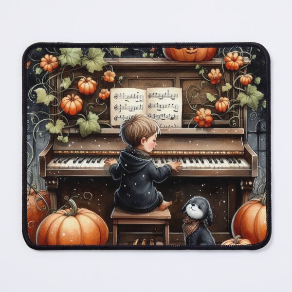 Item preview, Boy Playing Piano with Dog amidst Pumpkin Vines Under Moonlit Sky designed and sold by ElegantTeaTime.