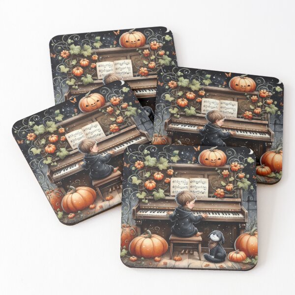 Item preview, Boy Playing Piano with Dog amidst Pumpkin Vines Under Moonlit Sky designed and sold by ElegantTeaTime.