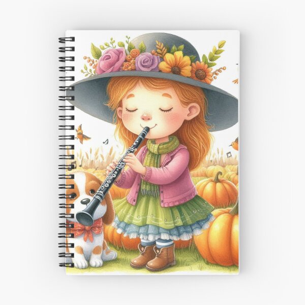 Item preview, Girl with Hat Playing Clarinet with Dog and Birds in Pumpkin Patch designed and sold by ElegantTeaTime.