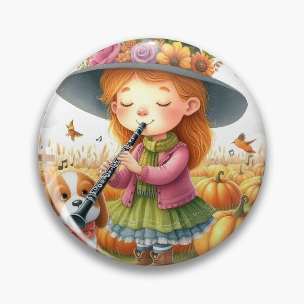 Item preview, Girl with Hat Playing Clarinet with Dog and Birds in Pumpkin Patch designed and sold by ElegantTeaTime.