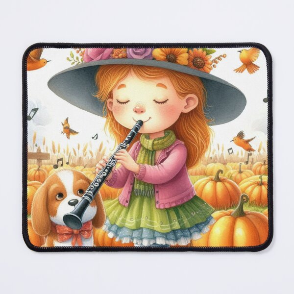 Item preview, Girl with Hat Playing Clarinet with Dog and Birds in Pumpkin Patch designed and sold by ElegantTeaTime.