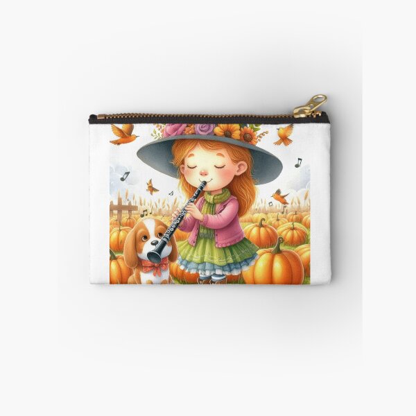 Item preview, Girl with Hat Playing Clarinet with Dog and Birds in Pumpkin Patch designed and sold by ElegantTeaTime.