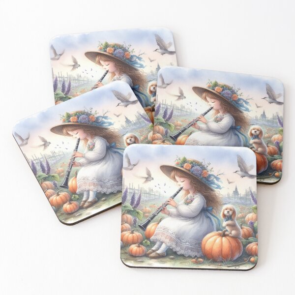 Item preview, Girl with Hat and Old-Fashioned Dress Playing Clarinet with Dog and Birds in Pumpkin Patch designed and sold by ElegantTeaTime.