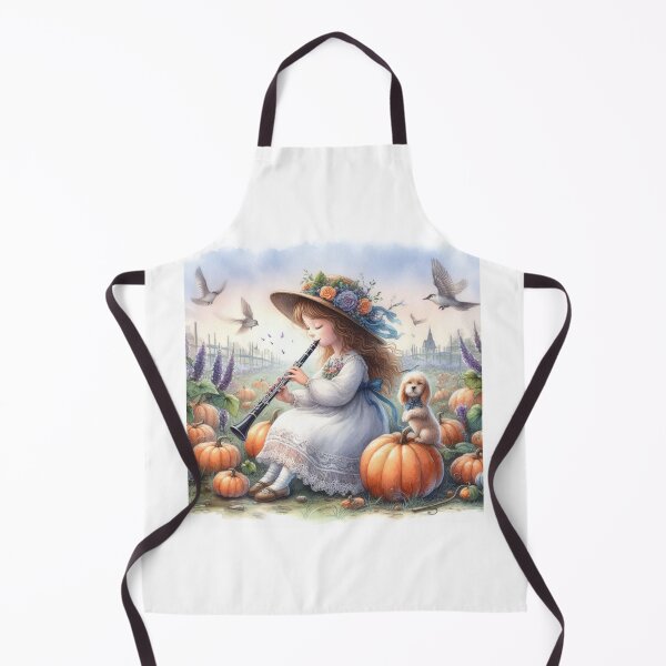 Item preview, Girl with Hat and Old-Fashioned Dress Playing Clarinet with Dog and Birds in Pumpkin Patch designed and sold by ElegantTeaTime.