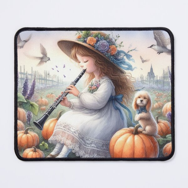 Item preview, Girl with Hat and Old-Fashioned Dress Playing Clarinet with Dog and Birds in Pumpkin Patch designed and sold by ElegantTeaTime.