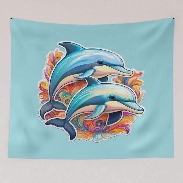 Item preview, An Illustration design of two playful dolphins leaping through a swirling mass of colorful, abstract shapes.  designed and sold by HEMRO.
