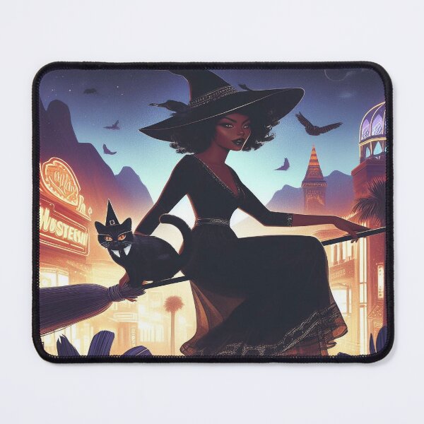 Item preview, Ebony witch flying on broomstick with tuxedo cat 0916 designed and sold by Aqualung1971.