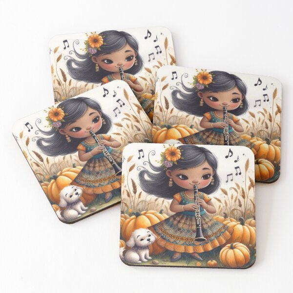 Item preview, Girl with Ornate Dress Playing Clarinet with Dog in Pumpkin Patch  designed and sold by ElegantTeaTime.