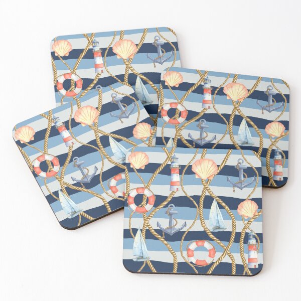 Item preview, Nautical Rope Shells Sailboat Lighthouse Anchor striped pattern designed and sold by Neeshki.