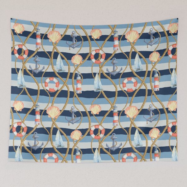 Item preview, Nautical Rope Shells Sailboat Lighthouse Anchor striped pattern designed and sold by Neeshki.