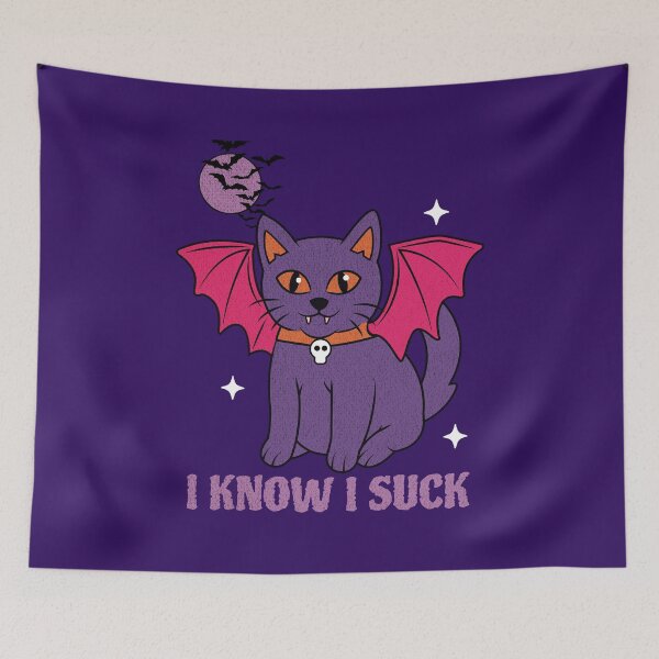 Item preview, I Know I Suck, Cute Halloween Cat with Bat Wings and Fangs designed and sold by Mariana Piana.