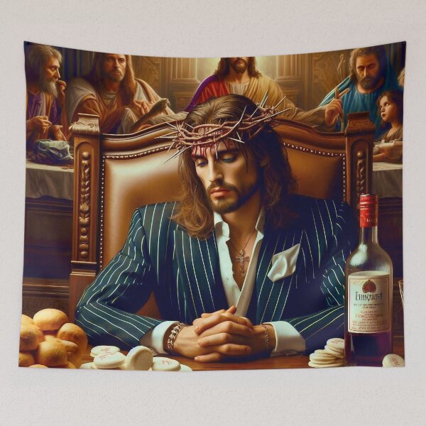 Item preview, Pondering and Contemplating Scarface Jesus in a Navy Pinstripe Suit designed and sold by jay-cack.