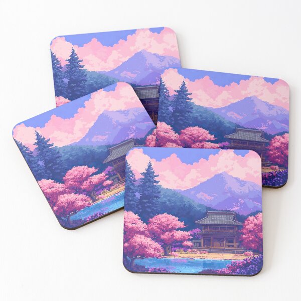 Item preview, Pixel Temple by the Lake with Cherry Blossoms designed and sold by KCrowDesigns.