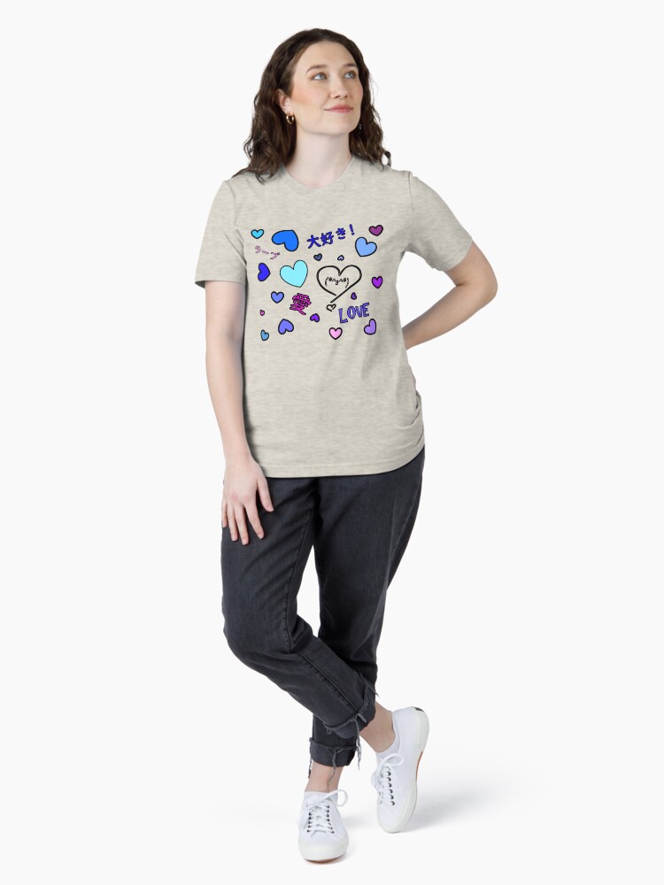 Blue pink purple heart pattern with kiss emoji stating love in